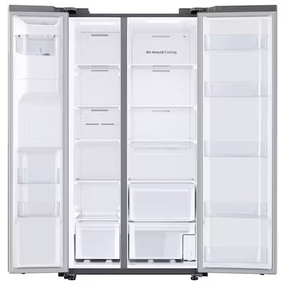 Samsung 27.4-cu ft Standard-Depth 36-in Wide Side-by-Side Refrigerator with Ice Maker ,Water and Ice Dispenser ( Fingerprint Resistant Stainless Steel ) Model# RS27T5200SR