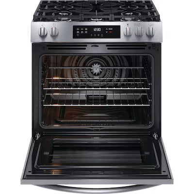 Frigidaire 30-in 5 burners 5.1-cu ft Convection Oven Slide-In Natural Gas Range ( Stainless steel ) Model# FCFG3083AS