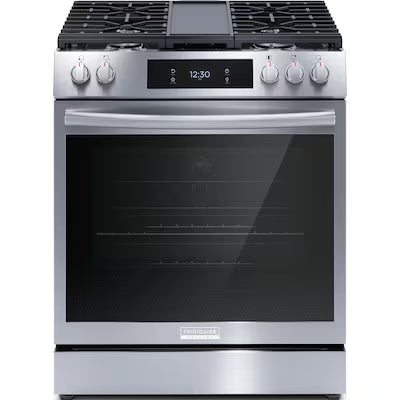 Frigidaire Gallery 30-in 5 burners 6-cu ft Air Fry Convection Oven Slide-In Natural Gas Range ( Fingerprint Resistant Stainless Steel ) Model# GCFG3060BF