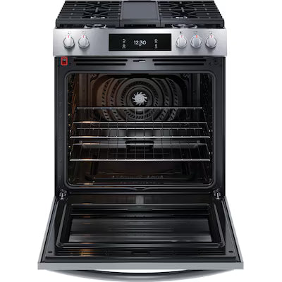 Frigidaire Gallery 30-in 5 burners 6-cu ft Air Fry Convection Oven Slide-In Natural Gas Range ( Fingerprint Resistant Stainless Steel ) Model# GCFG3060BF