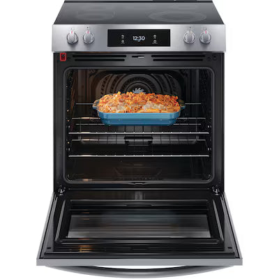 Frigidaire Gallery 30-in Glass Top 5 burners 6.2-cu ft Air Fry Convection Oven Slide-In Electric Range ( Fingerprint Resistant Stainless Steel ) Model# GCFE3060BF