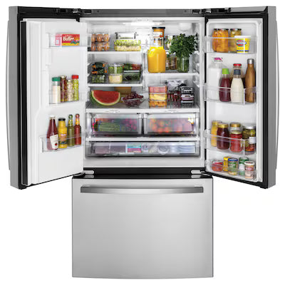 GE Standard-Depth 25.6-cu ft 3 -Door 36-in Wide French Door Refrigerator with Ice Make( Fingerprint-resistant Stainless Steel ) ENERGY STAR Certified Model# GFE26JYMFS
