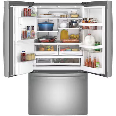 GE Standard-Depth 27.7-cu ft 3 -Door 36-in Wide French Door Refrigerator with Ice Maker ( Fingerprint-resistant Stainless Steel ) ENERGY STAR Certified Model# GFE28GYNFS