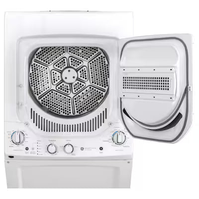 GE Gas Stacked Laundry Center with 2.3-cu ft Top load Washer and 4.4-cu ft Dryer White Model# GUD24GSSMWW