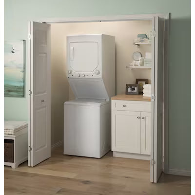 GE Gas Stacked Laundry Center with 2.3-cu ft Top load Washer and 4.4-cu ft Dryer White Model# GUD24GSSMWW