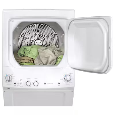 GE Gas Stacked Laundry Center with 3.8-cu ft Top load Washer and 5.9-cu ft Dryer White Model# GUD27GSSMWW