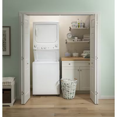 GE Gas Stacked Laundry Center with 3.8-cu ft Top load Washer and 5.9-cu ft Dryer White Model# GUD27GSSMWW