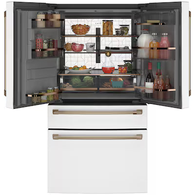 Cafe Counter-Depth 22.3-cu ft 4 -Door 36-in Wide French Door Refrigerator with Ice Maker ( Matte White with Brushed Bronze Handles ) ENERGY STAR Certified Model# CXE22DP4PW2