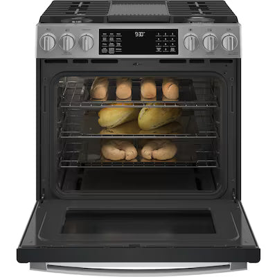 GE Profile 30-in 5 burners 5.6-cu ft Air Fry Convection Oven Slide-In Natural Gas Range ( Fingerprint Resistant Stainless Steel ) Model# PGS930YPFS