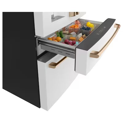 Cafe Counter-Depth 22.3-cu ft 4 -Door 36-in Wide French Door with Ice Maker ( Matte White with Brushed Bronze Handles ) ENERGY STAR Certified Model# CXE22DP4PW2 A12-66