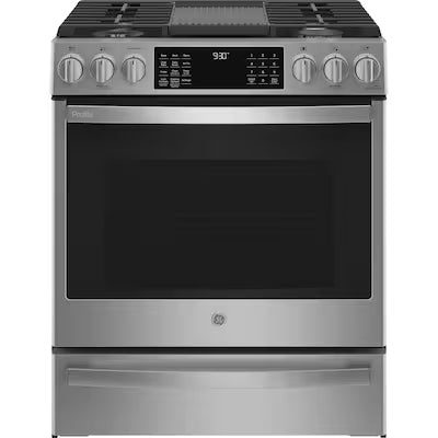 GE Profile 30-in 5 burners 5.6-cu ft Air Fry Convection Oven Slide-In Natural Gas Range ( Fingerprint Resistant Stainless Steel ) Model# PGS930YPFS
