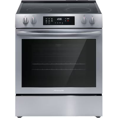Frigidaire 30-in Glass Top 5 burners 5.3-cu ft Convection Oven Slide-In Electric Range ( Stainless steel ) Model# FCFE3083AS