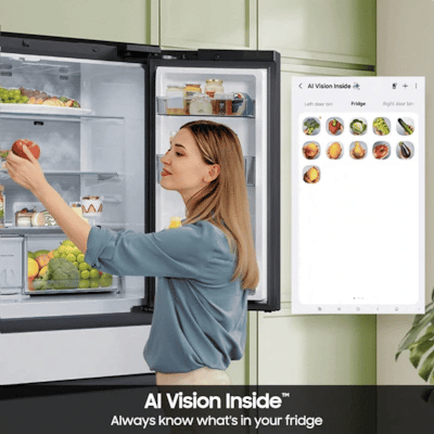 Samsung Bespoke AI Standard-Depth Family Hub 29-cu ft 36-in Wide with Dual Ice Maker ( Charcoal Glass Top with Stainless Steel Bottom Panels ) ENERGY STAR Certified Model# RF90F29EECR A13-52