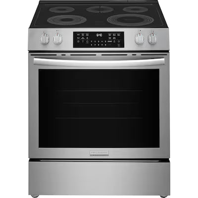 Frigidaire Gallery 30-in Glass Top 5.3-cu ft Air Fry Convection Oven Freestanding Electric Range with WipeClean Coating ( Smudge-Proof Stainless Steel ) Model# GCFE3059BF