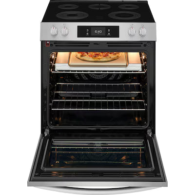 Frigidaire Gallery Stone-Baked Pizza 30-in Glass Top 5 burners 6.2-cu ft Air Fry Convection Oven Slide-In Electric Range ( Smudge-Proof Stainless Steel ) Model# GCFE3070BF