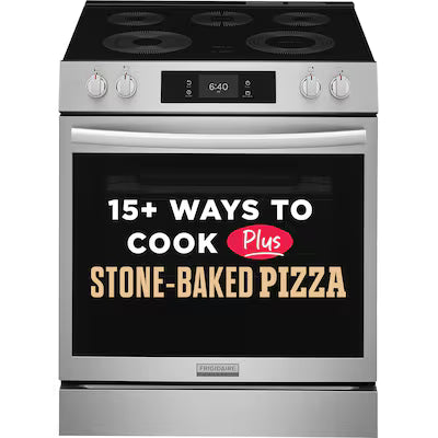 Frigidaire Gallery Stone-Baked Pizza 30-in Glass Top 5 burners 6.2-cu ft Air Fry Convection Oven Slide-In Electric Range ( Smudge-Proof Stainless Steel ) Model# GCFE3070BF