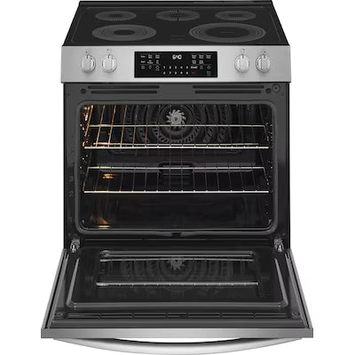 Frigidaire Gallery 30-in Glass Top 5.3-cu ft Air Fry Convection Oven Freestanding Electric Range with WipeClean Coating ( Smudge-Proof Stainless Steel ) Model# GCFE3059BF