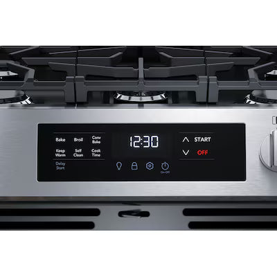 Frigidaire 30-in 5 burners 5.1-cu ft Convection Oven Slide-In Natural Gas Range ( Stainless steel ) Model# FCFG3083AS