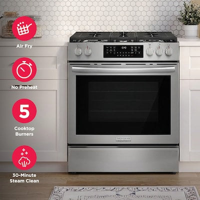 Frigidaire Gallery 30-in 5 burners 5.1-cu ft Air Fry Convection Oven Freestanding Natural Gas Range ( Stainless Steel ) Model# GCFG3059BF
