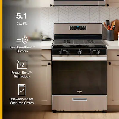 Whirlpool 30-in 5 burners 5.1-cu ft Freestanding Natural Gas Range ( Stainless Steel ) Model# WFG505M0MS A13-22
