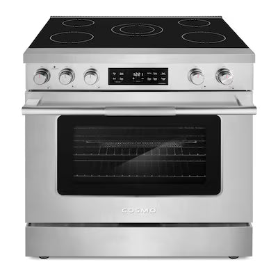 Cosmo COS-RES365SS 36-in Glass Top 5 burners 6.1-cu ft Air Fry Convection Oven Slide-In Electric Range ( Stainless steel ) Model# COS-RES365SS A13-44