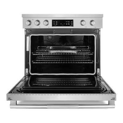 Cosmo COS-RES365SS 36-in Glass Top 5 burners 6.1-cu ft Air Fry Convection Oven Slide-In Electric Range ( Stainless steel ) Model# COS-RES365SS A13-44