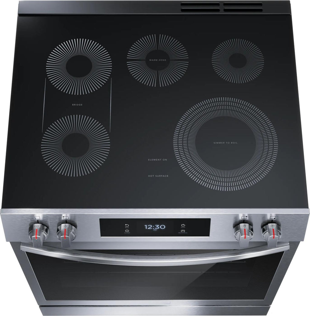 Frigidaire Gallery 30 in. 6.2 cu.ft. 5 Burner Element Slide-In Electric Range with Total Convection & Air Fry in SmudgeProof Stainless Model# GCFE306CBF